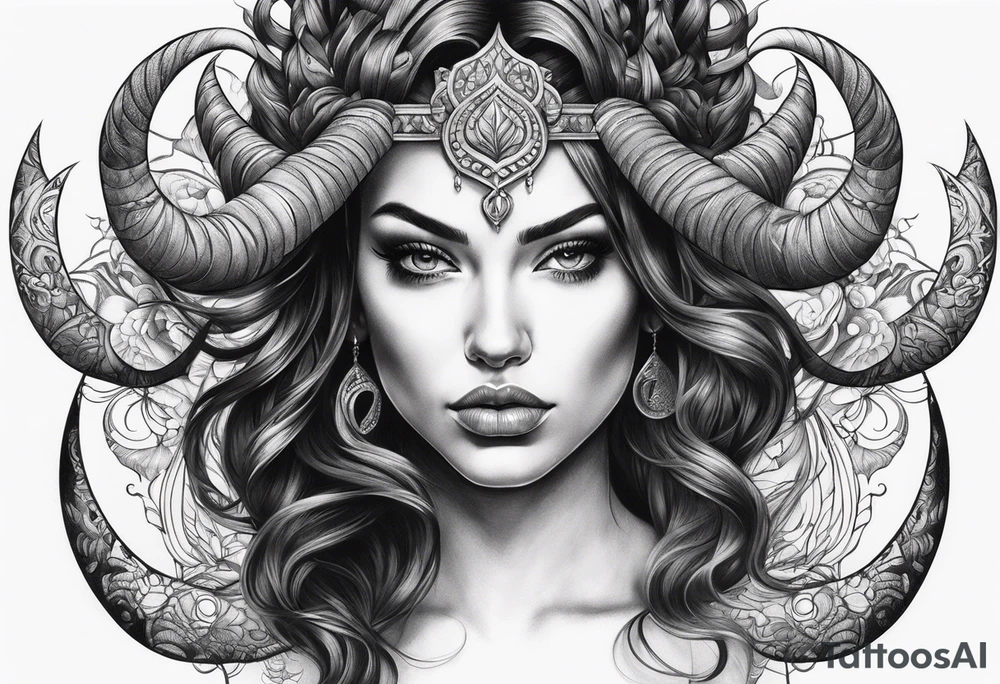 curved horns facing downwards dark realism beautiful woman looking
front facing view with tattoo idea