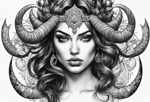 curved horns facing downwards dark realism beautiful woman looking 
front facing view with tattoo idea