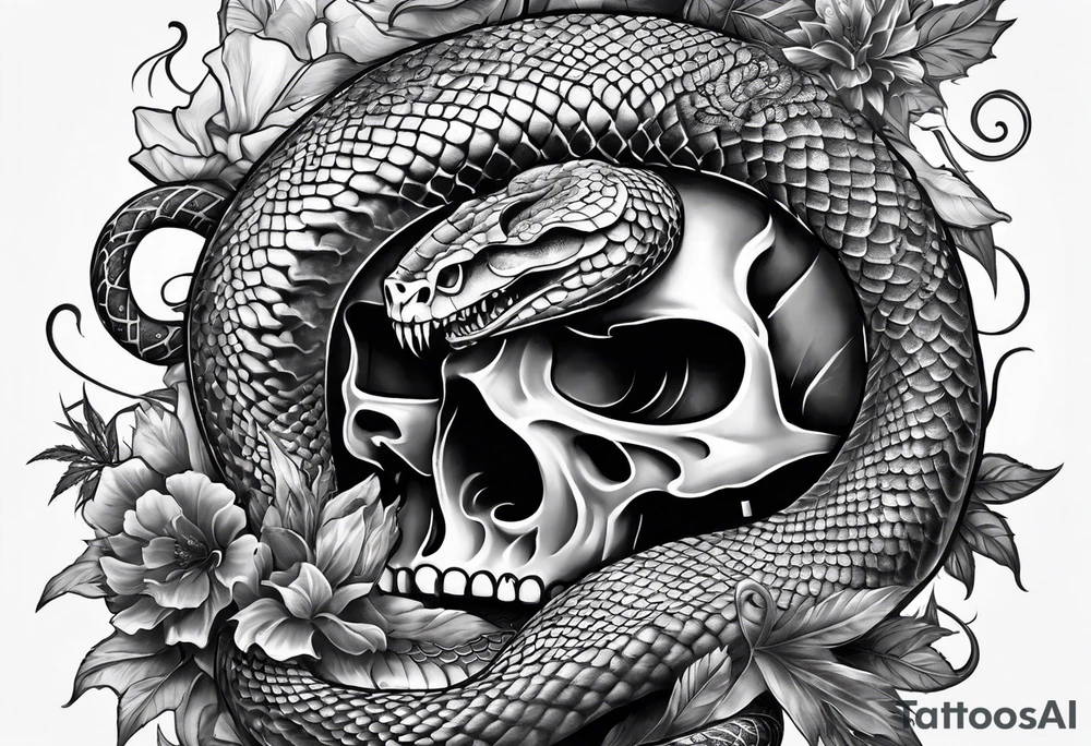 sleeve tattoo with a hydra snake, gun, skull, weed symbol tattoo idea