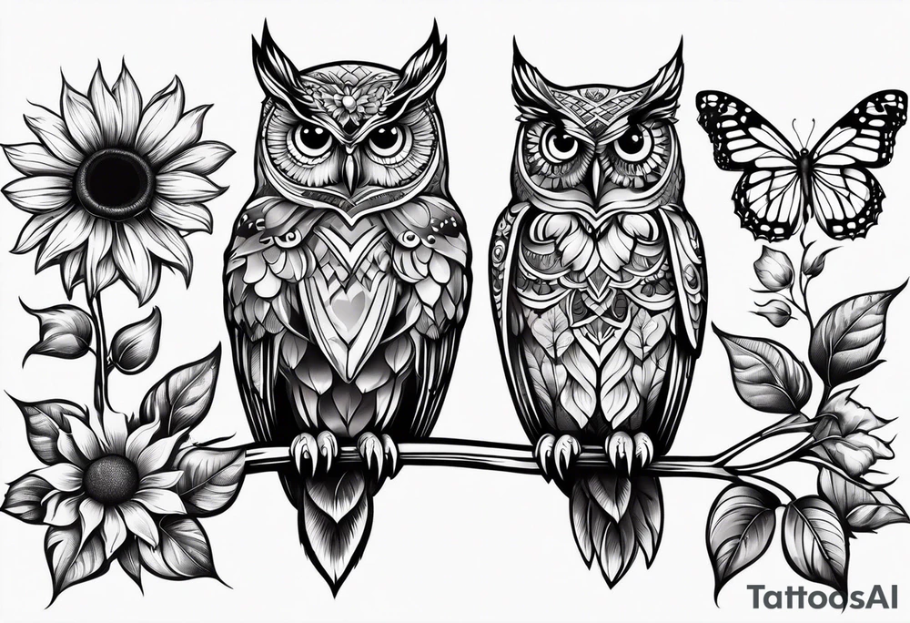 Small owl with butterfly and sunflower leg sleeve tattoo idea