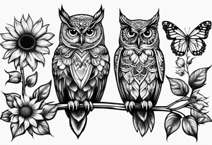 Small owl with butterfly and sunflower leg sleeve tattoo idea