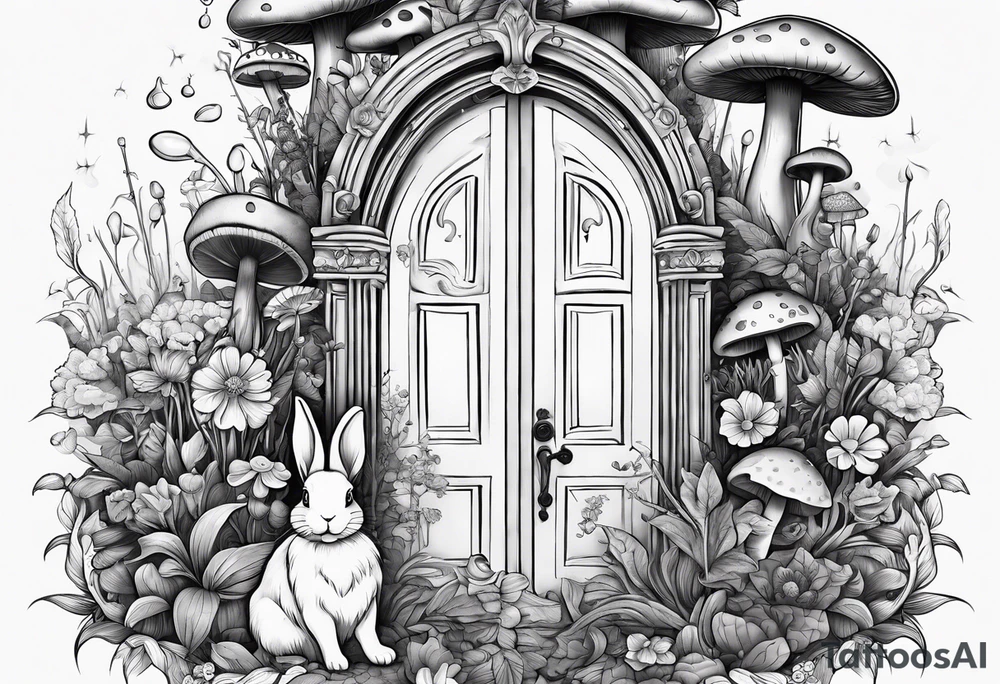 Mystical garden with door and potions and a rabbit and flowers and mushrooms tattoo idea