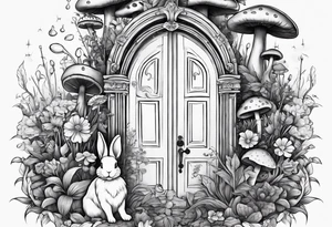 Mystical garden with door and potions and a rabbit and flowers and mushrooms tattoo idea