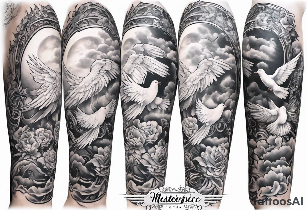 religious leg sleeve with nature, doves, clouds and angel tattoo idea