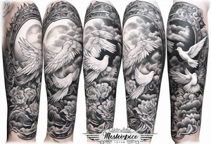 religious leg sleeve with nature, doves, clouds and angel tattoo idea