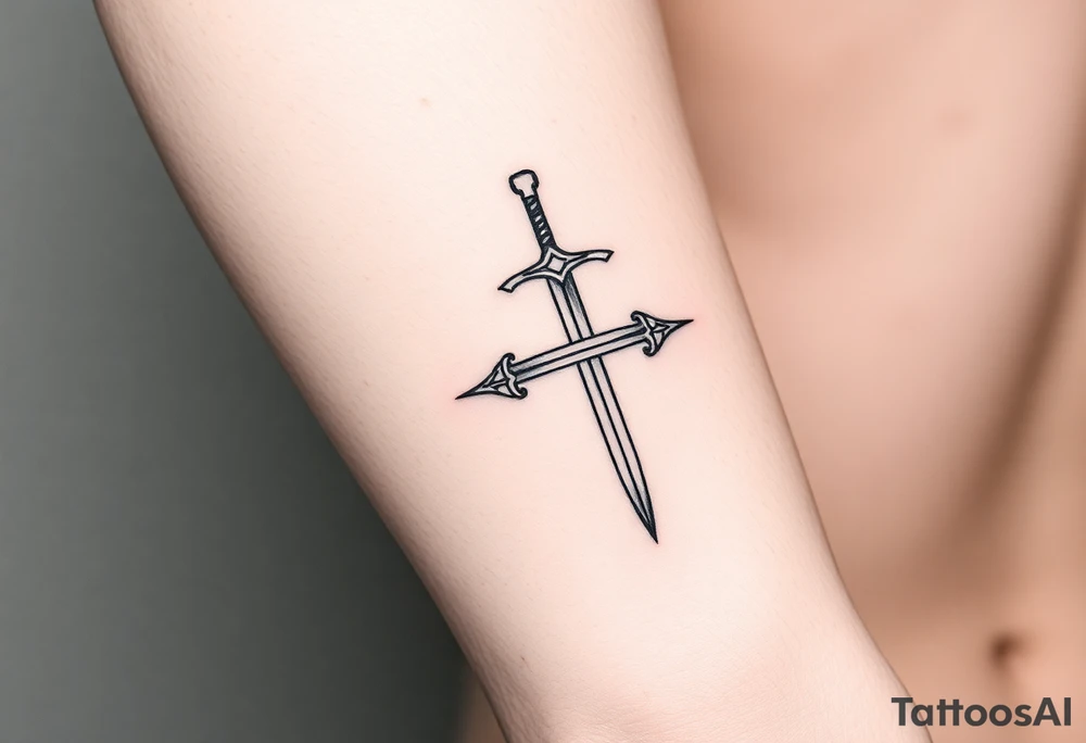 Fine line Celtic sword with a light horizontal line across the back of the blade on outside of forearm tattoo idea