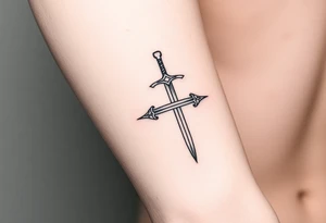 Fine line Celtic sword with a light horizontal line across the back of the blade on outside of forearm tattoo idea