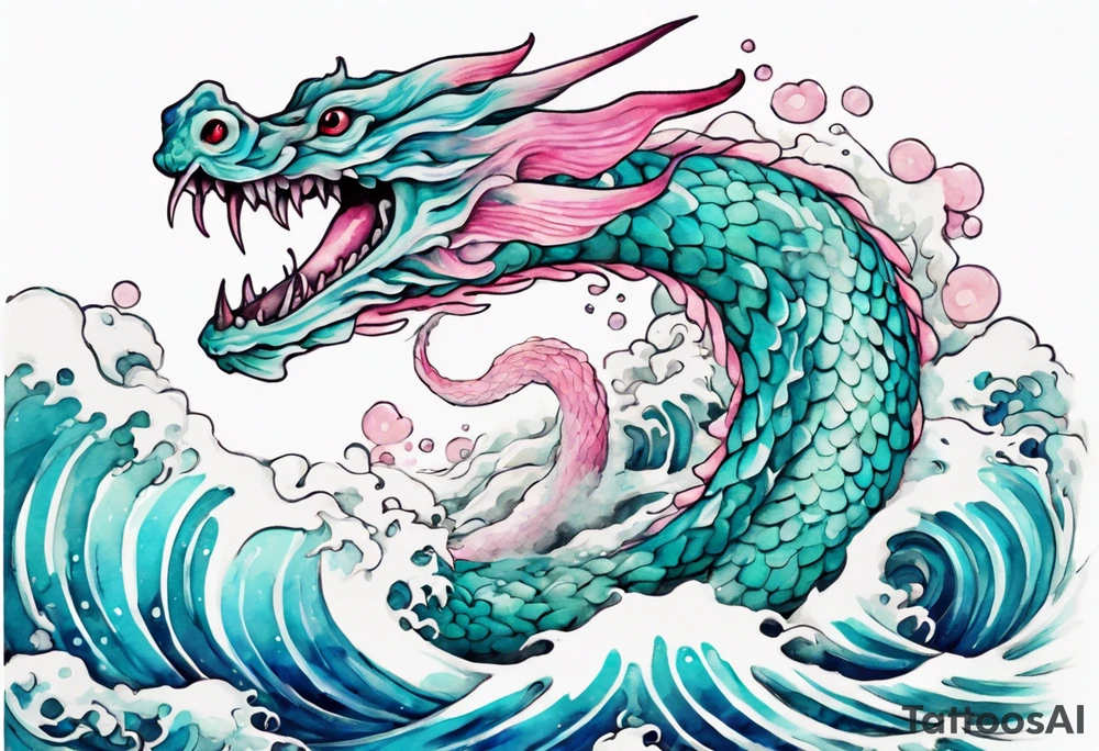 a turquoise and white and pink pretty sea serpent with beautiful eyes rising from the blue waves of the ocean tattoo idea