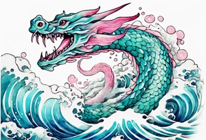 a turquoise and white and pink pretty sea serpent with beautiful eyes rising from the blue waves of the ocean tattoo idea