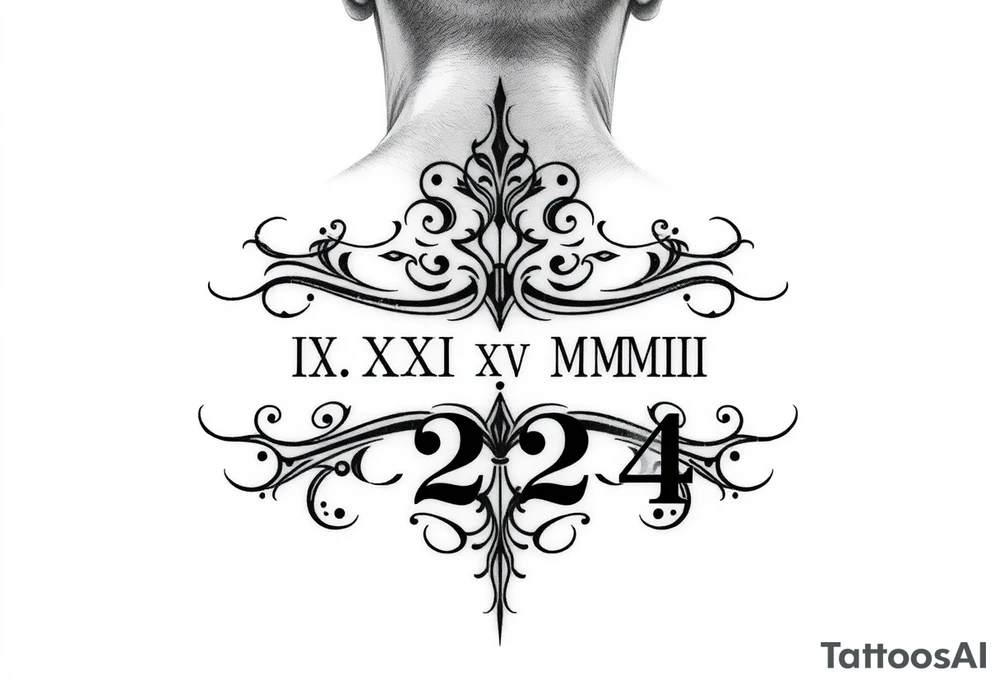 Create tattoo design with equal representation of both Roman numeral dates (IX.IX.MM and II.XXV.MMIII) in a balanced and symmetrical layout, along with the number 224. Let me know if you’d like any modifications! Inside the arm simpler tattoo idea