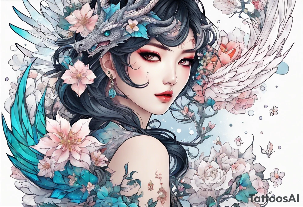 Constellation, wing , snow , cross , dragon female japan kawaii , flower tattoo idea