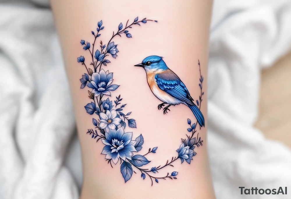 Blue bird in a floral frame tattoo idea