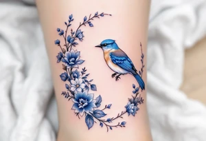 Blue bird in a floral frame tattoo idea