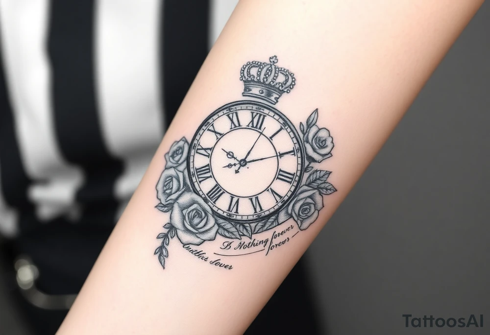 Broken Roman clock with a crown, surrounded by  roses and a quote that says nothings forever and with playing cards tattoo idea