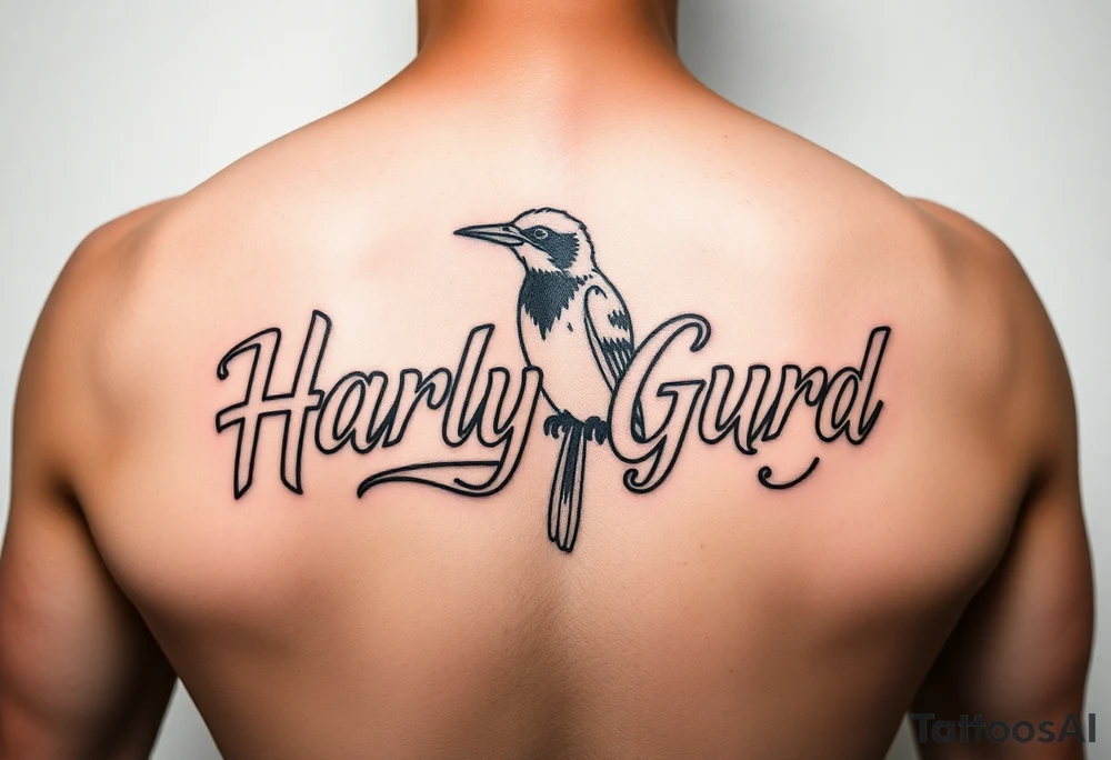 a couple names being Harley and Guy bird combined lettering meaning Harley bird tattoo idea