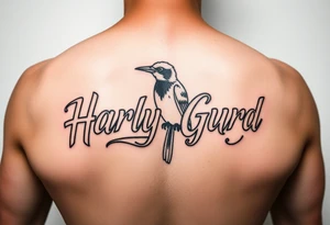 a couple names being Harley and Guy bird combined lettering meaning Harley bird tattoo idea