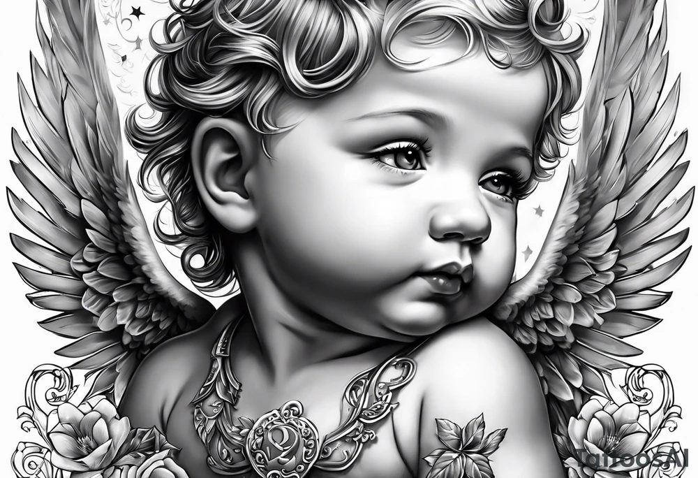 A baby angel with the letters Lev Livet Mens du kan tattoo idea
