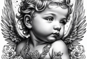 A baby angel with the letters Lev Livet Mens du kan tattoo idea