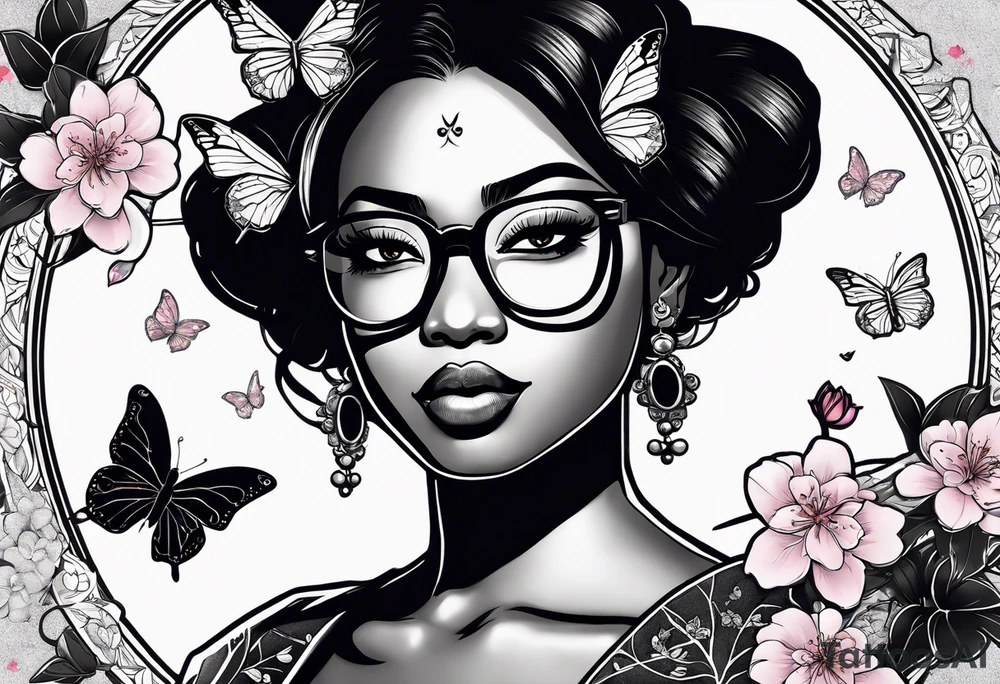 Black dark-skinned Female with glasses with butterflies and sakura blossoms around her with the lettering " Nisha " Underneath lettering "Nisha" Underneath. tattoo idea