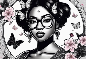 Black dark-skinned Female with glasses with butterflies and sakura blossoms around her with the lettering " Nisha " Underneath lettering "Nisha" Underneath. tattoo idea