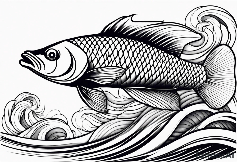 Arowana fish in waves with lotus tattoo idea