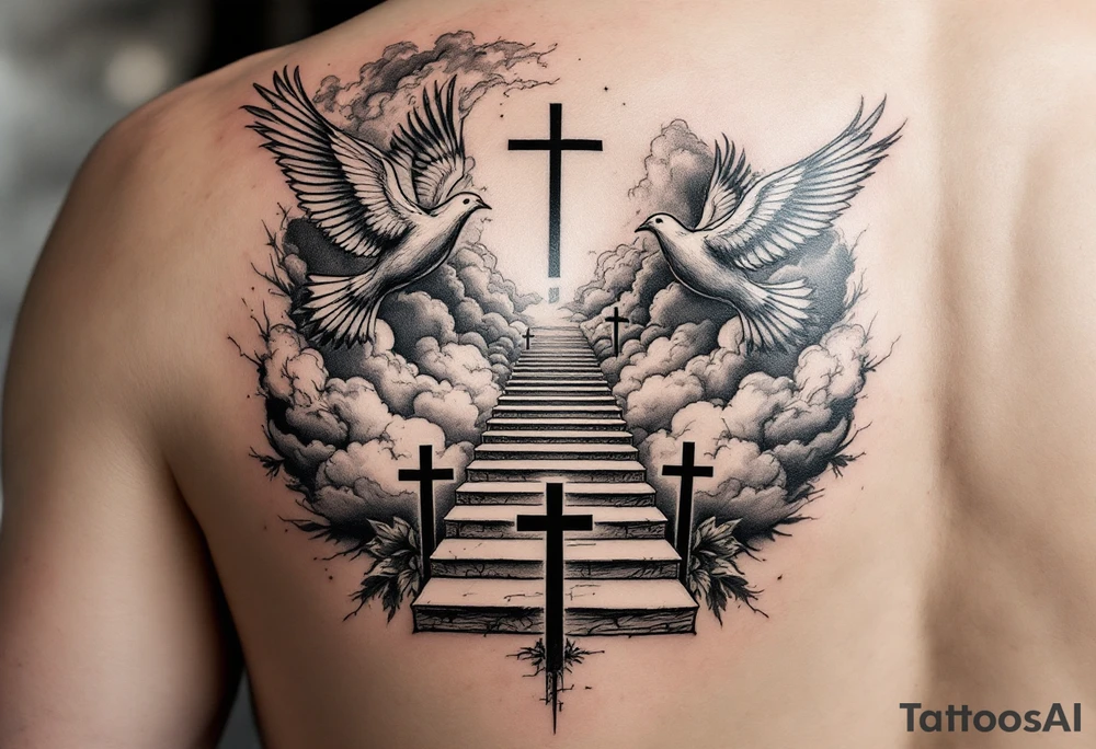 I want a tattoo on my lower arm, I want doves and three crosses at the bottom and I want stairs and clouds with a bible scripture tattoo idea