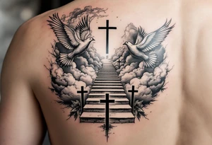 I want a tattoo on my lower arm, I want doves and three crosses at the bottom and I want stairs and clouds with a bible scripture tattoo idea