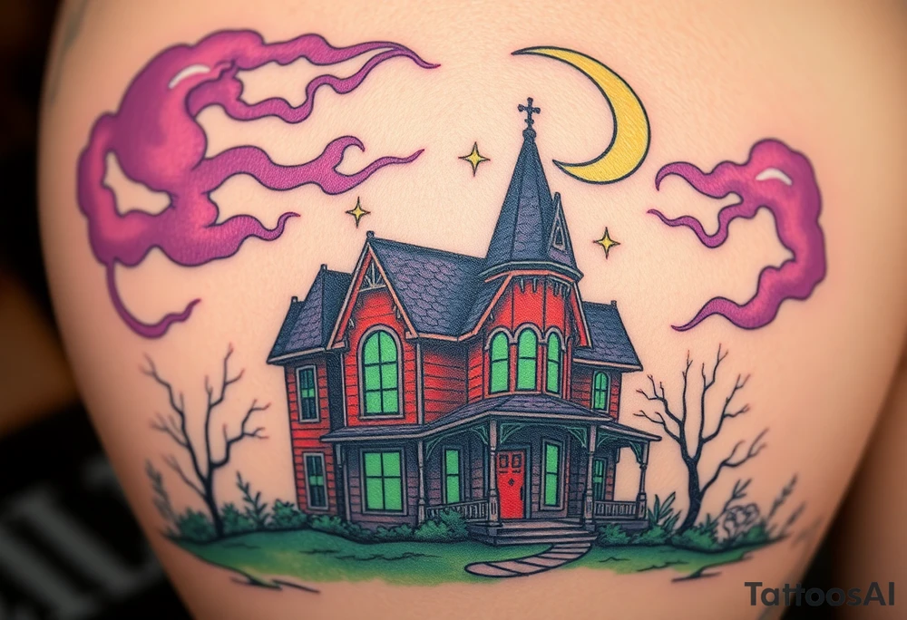 Tim Burton’s haunted victorian home is abandoned and dripping with muted reds, dusty pinks, and eerie green glow.purple and cyan smokey clouds swirl in the crescent moonlit sky thats sprinkled with stars tattoo idea tattoo idea