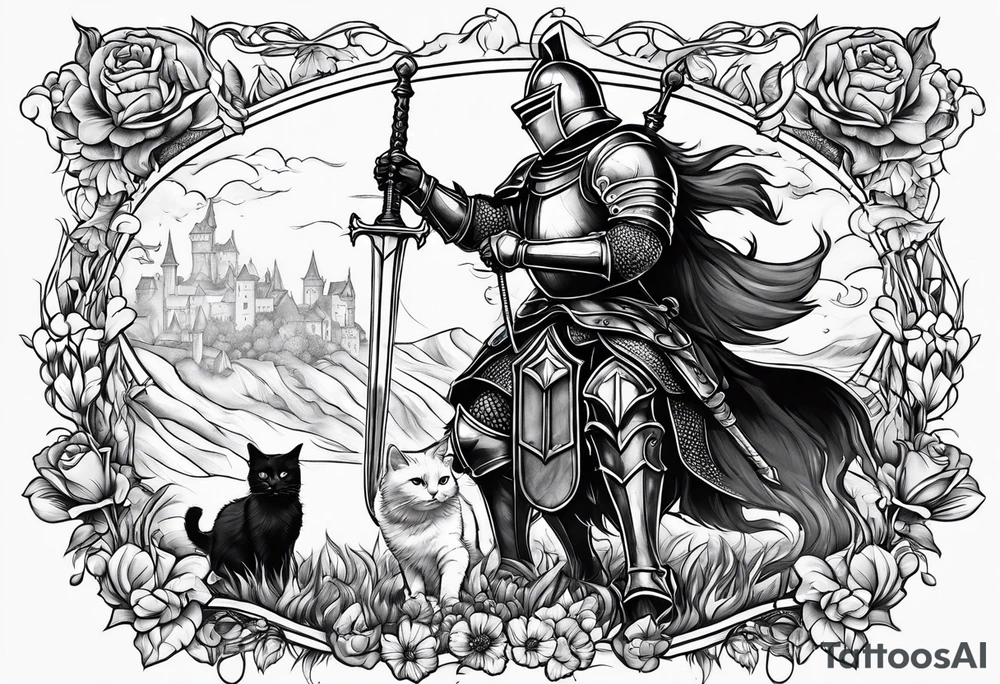 knight feeding cat tattoo idea
