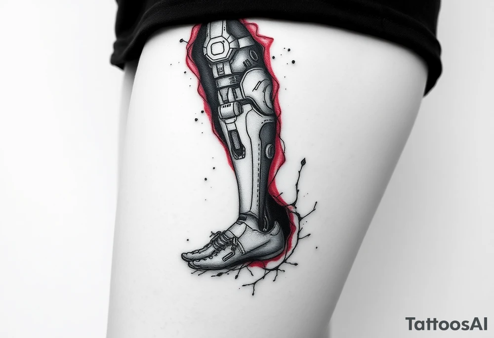 A wound revealing a robotic leg under the skin tattoo idea