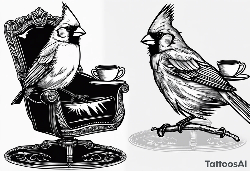 female cardinal in a chair drinking coffee tattoo idea