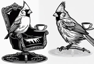 female cardinal in a chair drinking coffee tattoo idea