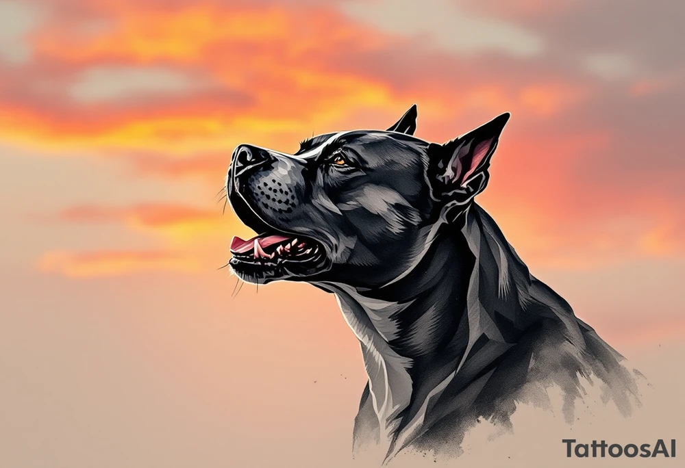 Pitbull howling in front of a sunset, silhouette-style with black fur outlines, warm orange, red, and pink sky blending in the background for a serene yet powerful effect. tattoo idea