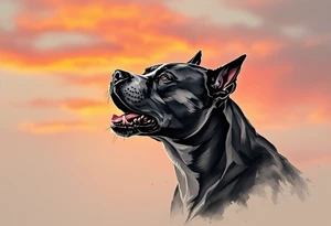 Pitbull howling in front of a sunset, silhouette-style with black fur outlines, warm orange, red, and pink sky blending in the background for a serene yet powerful effect. tattoo idea