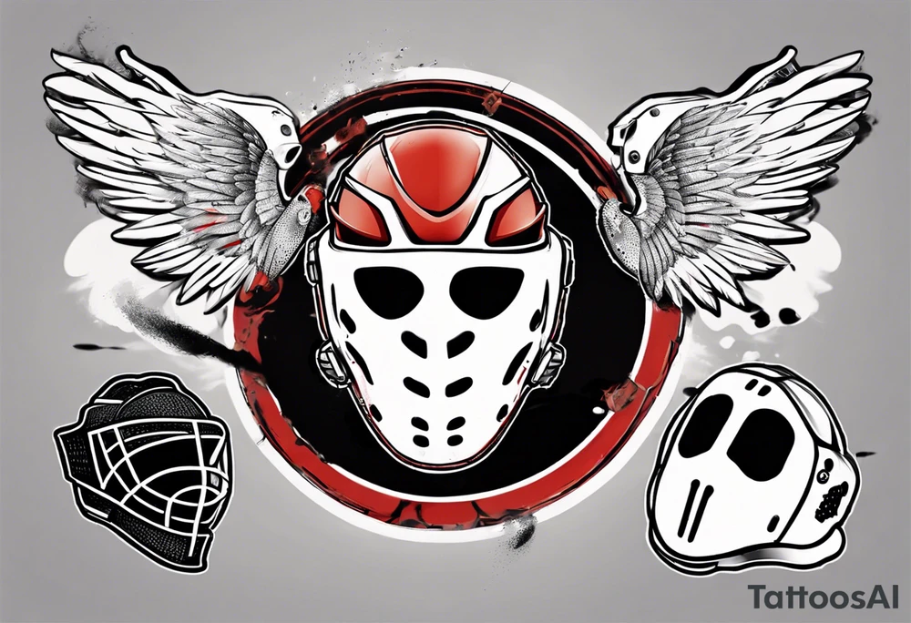 hockey puck with wings and a goalie mask that says "SHOT HOCKEY" tattoo idea