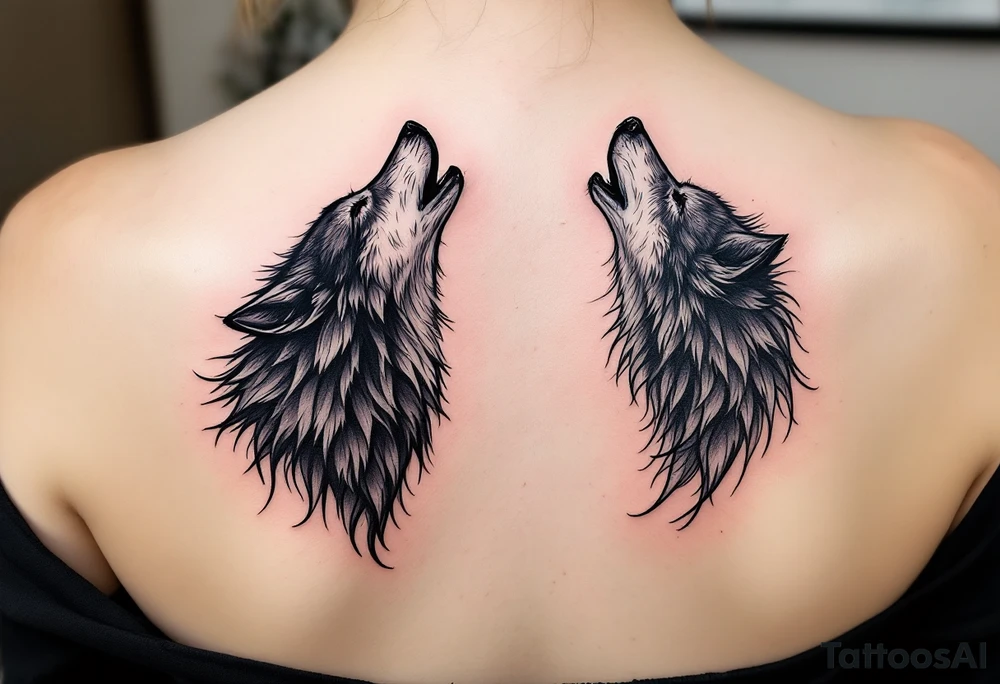 A howling black wolf for his shoulder blade and a silver crescent moon for her shoulder blade. tattoo idea