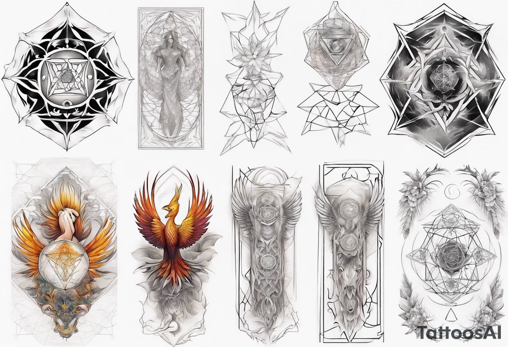 Sleeve for woman's arm phoenix sacred geometry with Metatron's cube tattoo idea