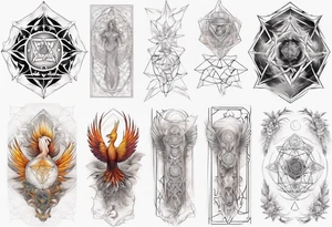 Sleeve for woman's arm phoenix sacred geometry with Metatron's cube tattoo idea