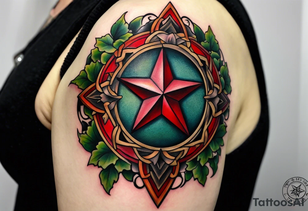 Half sleeve tattoo of the Texas star with a ring around it. Thick ivy in the background. Design bordered with thick lines on the top and bottom. Black with red highlights tattoo idea