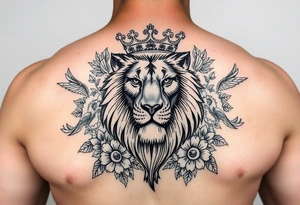powerful majestic lion with a crown, surrounded by floral ornaments and birds tattoo idea