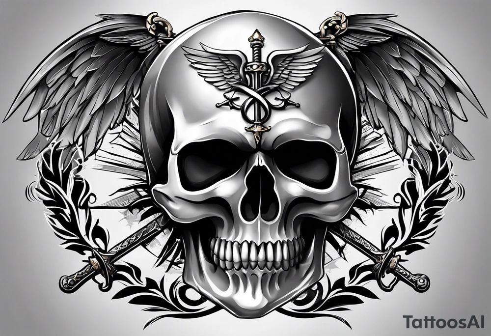 In the center is a skull pierced by a large sword. On either side of the skull, there are spread angel wings, creating an impression of protection and majesty. Beneath the skull is a ribbon that weaves through both the skull and the sword, imparting unity and linking all the elements together. tattoo idea