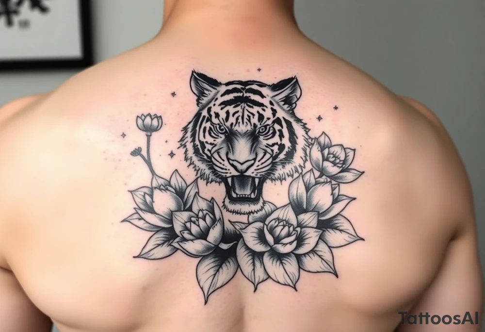 fierce tiger emerging through blooming lotus flowers in mist tattoo idea
