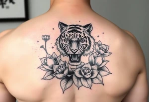 fierce tiger emerging through blooming lotus flowers in mist tattoo idea