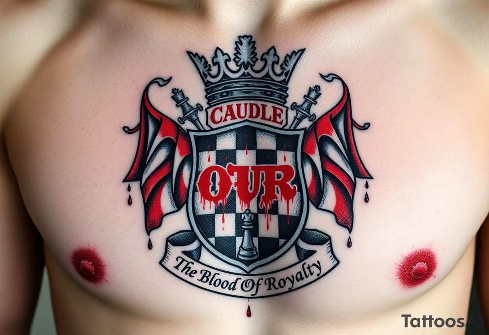 Men Crest  with A king crown on top, CAUDLE written inside red, a chessboard, blood splatter on top of two red racing flags & OTF inside, Smoke surrounding the outside of the crest, & The Words The Blood Of Royalty in red underneath the crest & a King chess piece surrounding the outside of the crest, And raining blood drops tattoo idea
