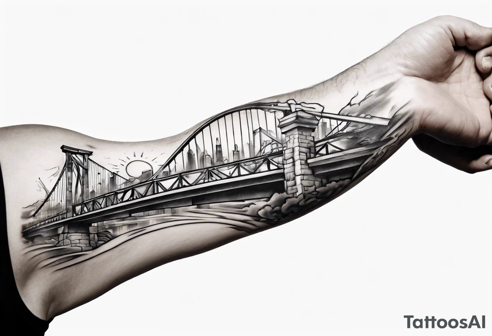 Inner bicep, stretched horizontally, bridge leading to a cross tattoo idea