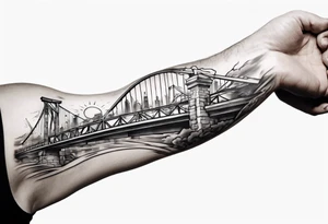 Inner bicep, stretched horizontally, bridge leading to a cross tattoo idea