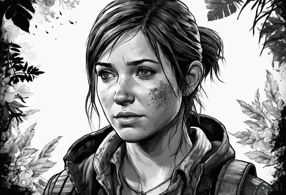 Ellie from the game series The Last of Us, including her tattoo and infected clickers tattoo idea