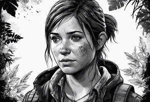 Ellie from the game series The Last of Us, including her tattoo and infected clickers tattoo idea