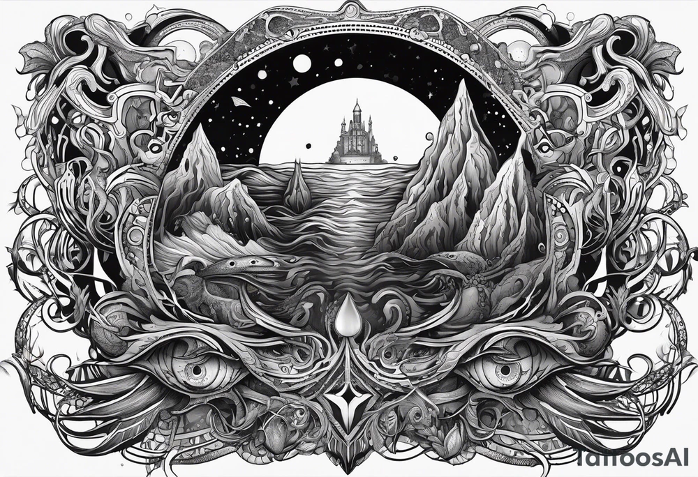 Lovecraftian creature, flowing into more futuristic technology elements tattoo idea