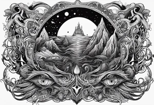 Lovecraftian creature, flowing into more futuristic technology elements tattoo idea